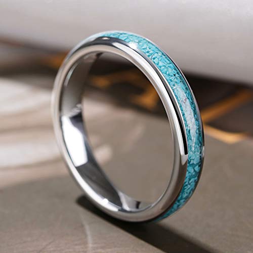 Three Keys Jewelry Womens Rings Unique Tungsten Carbide For Woman Flat 4Mm Created-Turquoise Granules Inlay Ring Wedding Band Gifts Bands Rings For Women Silver Size 9 #TOP1