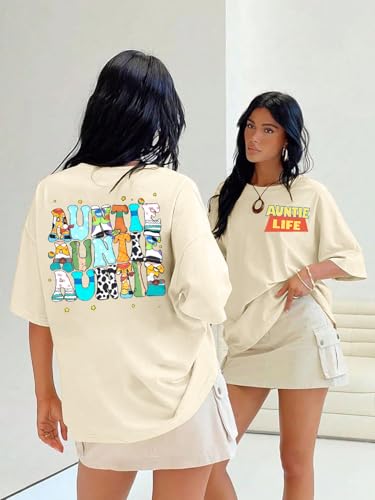 Auntie Life Oversized Shirts for Women Cute Funny Graphic Cartoon T Shirt Holiday Family Vacation Tee Tops3