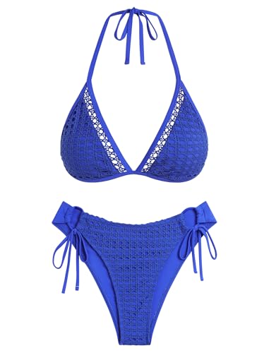 AFUL Women's Halter Triangle Bikini Set Crochet Boho Floral Swimsuit Cut Out Tie Side Two Piece Bathing Suit Royal Blue L