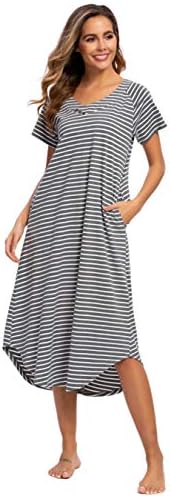 YOZLY Nightgowns for Women Soft Night Gown Short Sleeve House Dress Grey Stripe, XX-Large