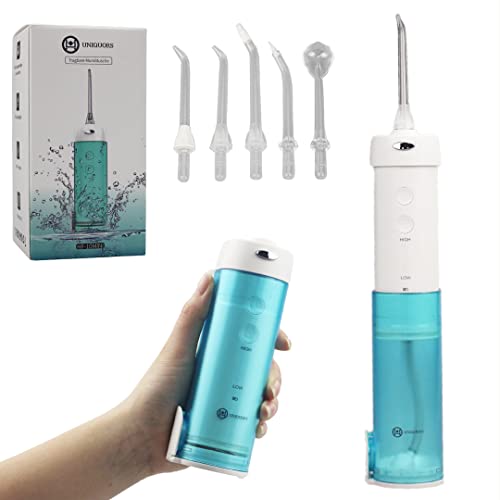 Munddusche Kabellos Reise, Klein Elektrische Zahnzwischenraumreiniger Akku, Zahnreinigung Set, Oral Irrigator mit 5 Düsen und 5 Modi, 200ml IPX7 Wasserdicht wasser flosser für zähne, Blau/weiß Cover