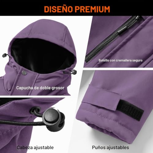 Miniatura 6 de Chaqueta Calefactable Con Capucha Mujer, Chaquetas De Esquí Termica De Forro Polar Impermeable Cortaviento Con 12000mah Bateria, 6 Zonas De Calor, Abrigode Calefaccion Para Invierno