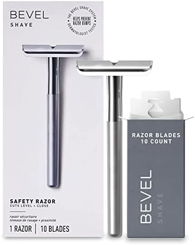 Bevel Safety Razor with Brass Weighted Handle and 10 Double Edge Safety Razor Blade Refills, Single Blade Razor for Men, Designed for Coarse Hair to Prevent Razor Bumps - Silver (Packaging May Vary)