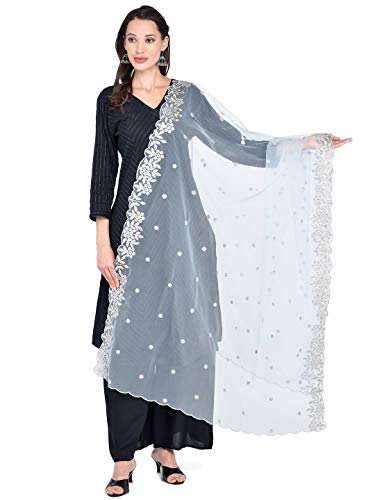 Dupatta Bazaar Women's Silver Dupatta with Cutwork Embroidery.