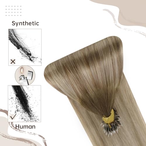 Easyouth Nano Extensions Real Human Hair Balayage Nano Extensions Real Human Hair Dark Brown Ombre to Light Brown Mixed Blonde Nanoloop Straight Extension for Volume 14 Inch 50g/50s #3/8/22 - Image 4