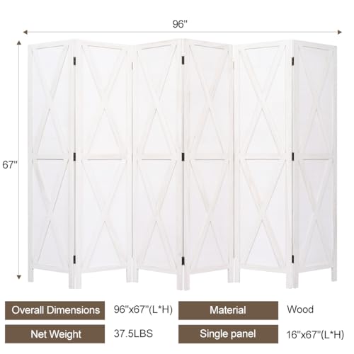 فاصل غرفة خشبي قابل للطي مكون من 6 ألواح لزيادة الخصوصية، بطول 1.7 متر، فاصل قائم بذاته بتصميم X على الطراز الريفي، لمسة نهائية بيضاء لتزيين المنزل من جازيل