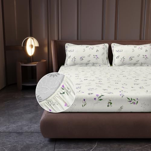 Image of Divine Casa King Size Fitted Bedsheet with 2 Pillow Covers (200 x 180 CM) | Cotton Twill Satin Floral Print | Cream Purple Elastic Fitted Sheet for Mattress.