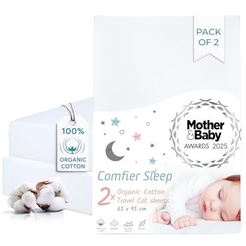 White Travel Cot Fitted Sheet 2 Pack Organic Cotton Travel Cot Sheets 95x65 cm Ultra Soft and Breathable Sleep Sheets