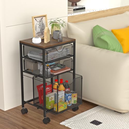 BOHDK Rollbarer Aktenwagen mit 3 Schubladen, Holz und Netz, Hängeregistratur-Organizer mit Rollen unter dem Schreibtisch, Aktenschränke für Heimbüro, 30 cm T x 37 cm B x 65 cm H, Schwarz