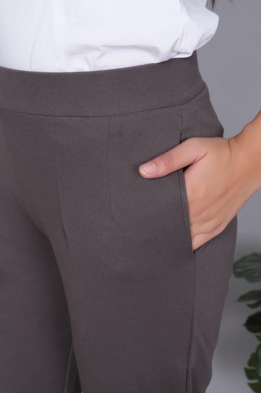 Image of Mlada Straight Fit Cigarette Pencil Pants Elastic Waist Band Mid High Waist Formal Office Trousers for Women, Pockets for Travel Stretch Cotton Knit Full Length Regular /Plus Size