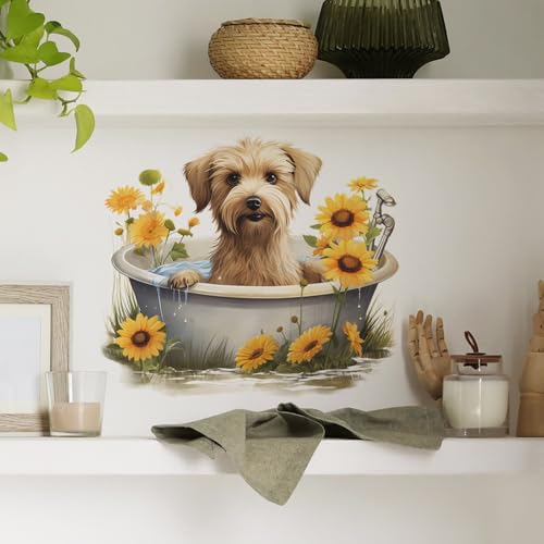 Vinilo decorativo perro adorable en bañera con girasoles miniatura 4