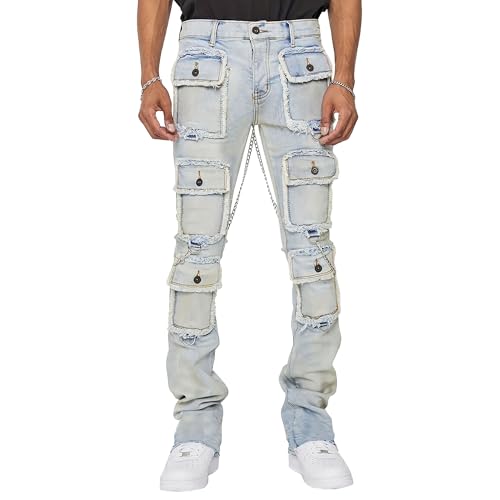 Men's Stacked Stretch Jeans Ripped Skinny Streetwear Cargo Pants Fashion Distressed Drawstring Waist Multi-Pocket