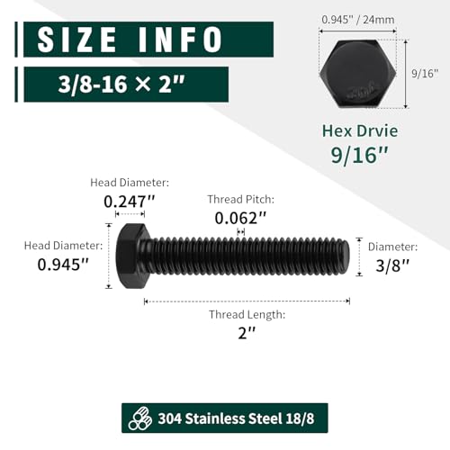 Image of 3 /8-16 x 2 Hex Head Bolts Black, 304 Stainless Steel 18-8 Hexagon Head Screws Bolts, Black Oxide Finish, Allen Hex Drive, 10 PCS