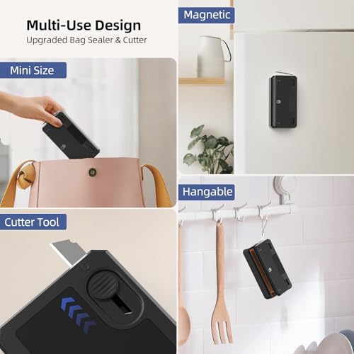 Mini Bag Sealer and Cutter, Handheld Bag Sealer Heat Seal with 5 Seal Time Modes & 3.8" Heating Strip - Rechargeable Chip Bag Sealer -