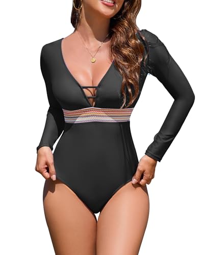 Women One Piece Swimsuit Long Sleeve High Waisted Tummy Control Bathing Suit Full Coverage Rash Guard