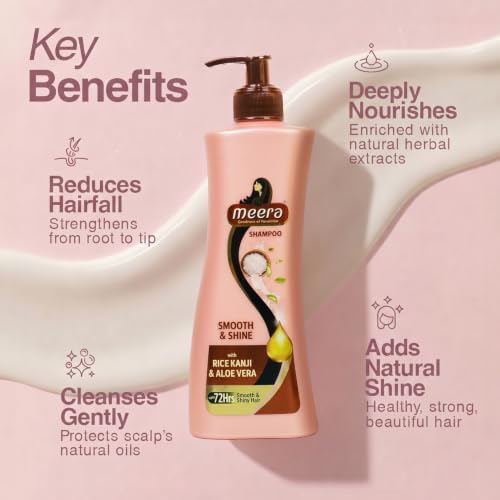 Image of Meera Smooth & Shine Shampoo with Rice Kanji & Aloe Vera | Up to 72 Hours Smooth & Shiny Hair | Nourishes & Softens Hair | Suitable for Men & Women | 340ml