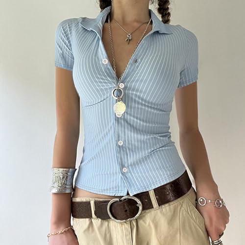 Image of Y2k Girls Vintage Coquette Button Down Shirt Women Short Sleeve V-Neck Slim Fitted T-Shirt Cute Blouse Crop Top