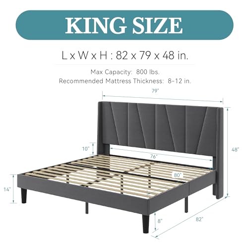 HOOMIC King Size Platform Bed Frame with Geometric Wingback Headboard, Wooden Slats Support, No Box Spring Needed, Modern Style in Dark Grey