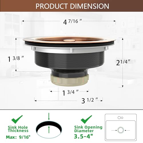 Kitchen Sink Drain Copper 3-1/2 Inch Stainless Steel Kitchen Drain Strainer Assembly Kit with Strainer Basket and Drain Stopper for Standard Sink Drains Antique Copper