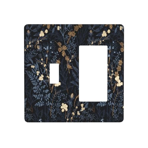 Decorative Outlet Covers Rustic Navy Dark Blue Leaves Golden Floral 2 Gang Outlet Cover Wall Plate Single Toggle Rocker Light Switch Cover Plate Switch Plate Covers for Bedroom Decor