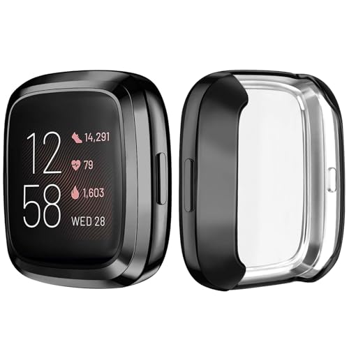 2 Pack TPU Case for Fitbit Versa 2 Screen Protector, Scratch Resistant Shock Full Around Protective Covers Compatible with Fitbit Versa 2 Smartwatch (Black/Black)