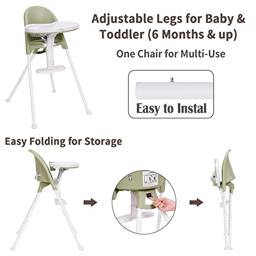 Image of High Chair Folding,One Click fold,Save Space, Detachable Double Tray, Infant Chair, Car Traveling, 3 in 1 Convertible, 3-Point Harness, Adjustable Footrest, Non-Slip Feet, Adjustable Legs