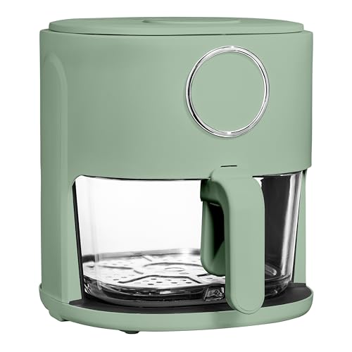 COOK WITH COLOR Colorful 1200W 4Qt Air Fryer: Glass Basket, Dishwasher Safe, 60min Timer, 6 Presets, Temp Control 175F-400F, 4 QT, Dark Sage