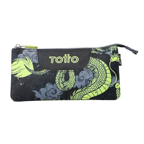 TOTTO - Estuche Escolar 3 Compartimentos, Modelo Tablero, Estuche Grande, Dimensiones 22 x 11 x 3.5 cm, Una Cremallera, Tejido Resistente y Repelente a Líquidos, Estampado Dragony