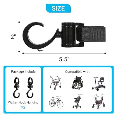 Walker Hook Hanging, 360 Rotating Stroller Clip for Rollators, Wheelchairs, Crutches - Lightweight Hooks for Elderly & Disabled, 2 Pcs