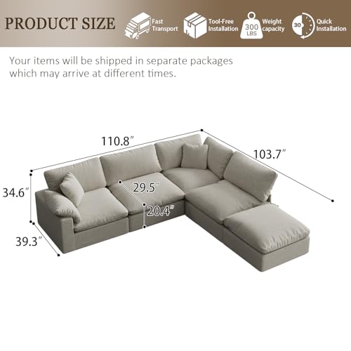 Image of 143 inch Cloud Modular Sectional Sofa,Light Beige Down Filled Sofa 4 Seat with Chaise,Minimalist Sofa Cover Washable and Replaceable Couches for Living Room,Sectional Sofa Deep Seat