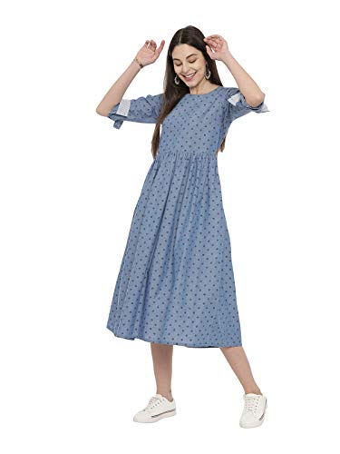 Image of Elleora Women Denim Navy Block Printed Fit and Flare Dress.