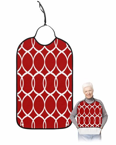 LEOKOTI Red Geometric Adult Bibs for Eating, Waterproof Bibs with Food Catcher & Adjustable Snap Closure, Abstract White Modern Contemporary Washable Clothing Protectors Adult Bibs for Elderly