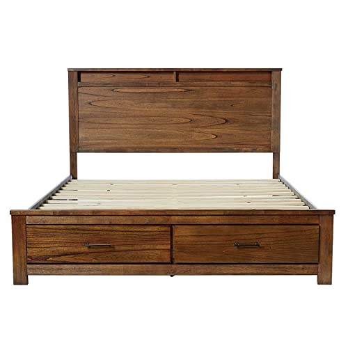 Knocbel Country-Cottage Queen Bed Frame With 2 Drawers, Wood Platform Bed Mattress Foundation With Slats Support & Storage Headboard, 85" L X 64" W X 55" H (Oak) #TOP4