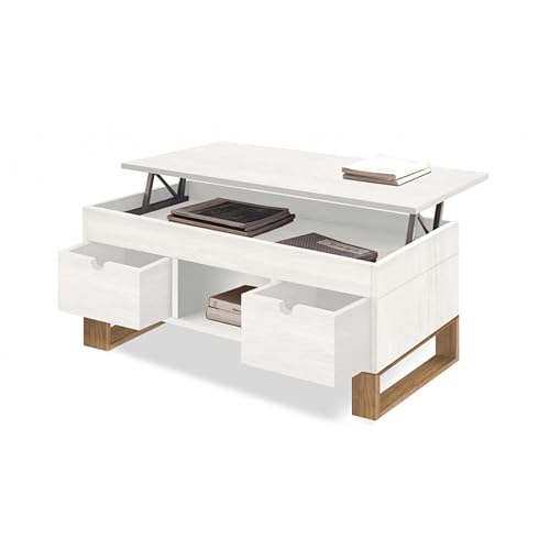 HOGAR24 ES - Sena - Mesa Centro Elevable Madera Maciza Natural, Combinado Color Blanco y Encerado. Medidas: 100 cm x 50 cm x 47 cm.