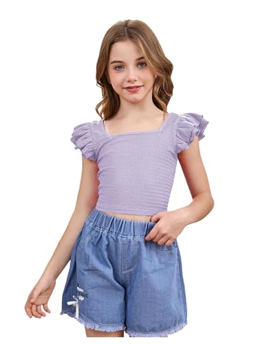 OYOANGLE Girl's Casual Solid Ruffle Trim Cap Sleeve Square Neck Cute Crop Tank Tops T-Shirts Lilac Purple 8Y