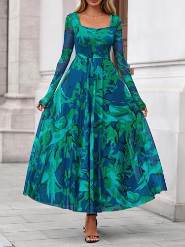 BTFBM Women Maxi Dress Fall 2025 Fashion Elegant Long Sleeve Square Neck Floral Print Party Club Wedding Guest Dresses