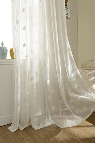 VOGOL Semi-Sheer Elegant Embroidered Solid White Rod Pocket Window Curtains/Drape/Panels/Treatment 60 x 96 (Set of 2)