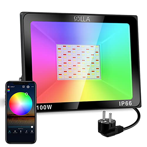 SOLLA Foco Proyector LED RGB de 100W, Luz Regulable Inteligente Bluetooth con 20 Modos 16 Millones de Color, Temporización, Sincronización de Música, Control de Grupo, Impermeable IP66