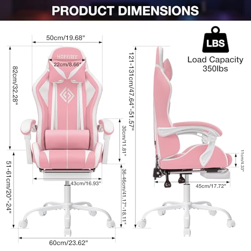 Image of HOFFREE Gaming Chair with LED RGB Lights with Massage and Footrest Ergonomic Computer Chair High Back Video Game Chair with Adjustable Lumbar Support Linkage Armrest Pink and White