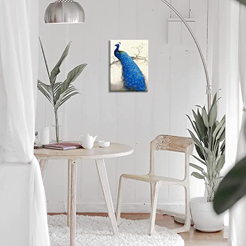 Tekment Elegant Peacock Wall Art Decor For Bedroom, Beautiful Painting Stretched Canvas Prints Of Proud Animal On Beige Picture Artwork, Home Decoration Gallery Wrapped Gift, Inner Frame 12X16 In #TOP4