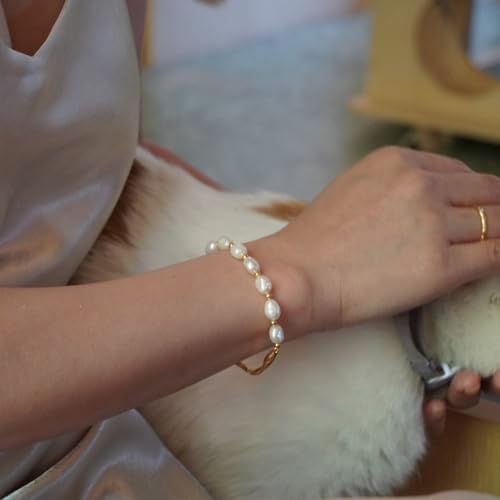 White Freshwater Pearl Bangle Bracelet for Women 18k Gold Plated Dainty Cuff Bangle Hook Bracelet Pearl Beaded Chain Bracelet Ideal Jewellery Gift for Girlfriend Mother2