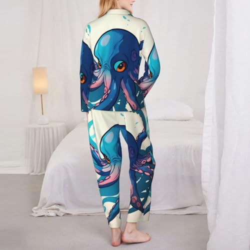 Ensemble de pyjama 2 pièces pour femme imprimé pieuvre bleu et violet - 5