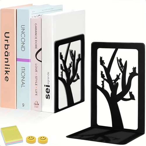 Qualsen 1 Paia Fermalibri Per Mensole，Reggilibri in Metallo Nero Reggi Libri，Reggilibri in ad Gatto Sull'albero,Reggilibri in Metallo，Fermalibri Decorativi per Casa, Ufficio, Studenti Regalo