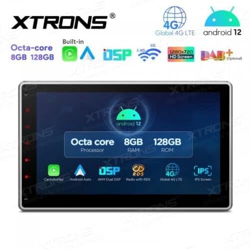 XTRONS TIX125L front view highlighting Octa-core processor, 8GB RAM, 128GB ROM, Android 12, 4G, DSP, and IPS screen.