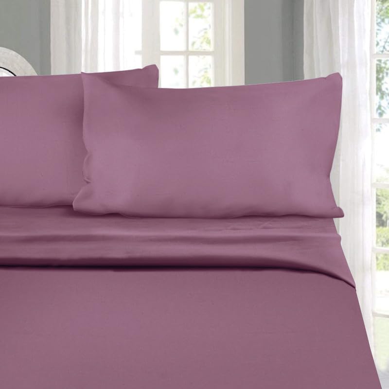Image of NAKSH Elastic Fitted Bedsheets King Size 78 x 72 Inch, 210 TC Plain Pure Cotton, Plum | 1 King Size Bedsheet with Elastic Fitted and 2 Pillow Covers