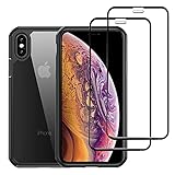 LAYJOY Funda iPhone X/XS y 2-Pack Cristal Templado Protector de Pantalla Vidrio Templado, HD Transparente Carcasa Suave Silicona TPU Ligera Bumper Duro PC Case Cover Caso Negro -5.8 Pulgadas