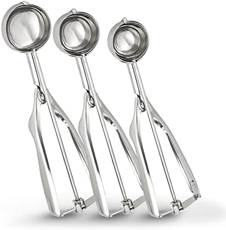 Jojeys Ice Cream Scoop - Pack of 3 with Easy Trigger, 304 Stainless Steel Cookie Scooper for Portioning of Muffins, Mashed Potatoes and Melon Balls (4, 5 & 6cm)