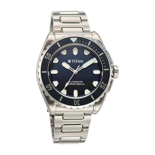 Image of Titan Zero Hour Diver's Certified 500m Automatic Analog with Blue Dial Silver Titanium & Blue FKM Strap Watch for Men - 10071KM01