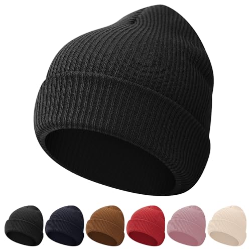 Kids Winter Beanie Hat - Toddler Youth Boys Girls Knit Warm Soft Cozy Cap for Autumn Classic Slouchy Cuffed Cap (One Size, Black)