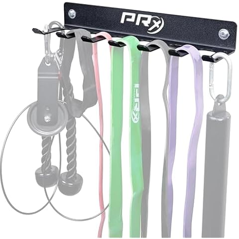 PRx Performance Wall-Mounted Gym Rack Organizer – Heavy-Duty Fitness Equipment Storage for Resistance Bands, Jump Ropes & Lifting Belts– Space-Saving 7 Hook Shelf, Made in USA – Compact Design - Black Cover